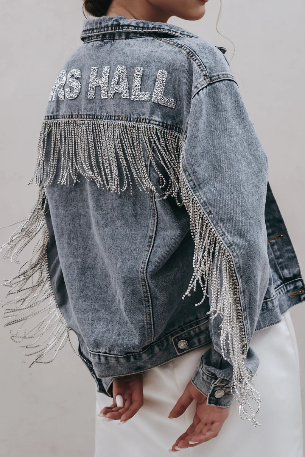 Mrs. Rhinestone Fringe Denim Jacket