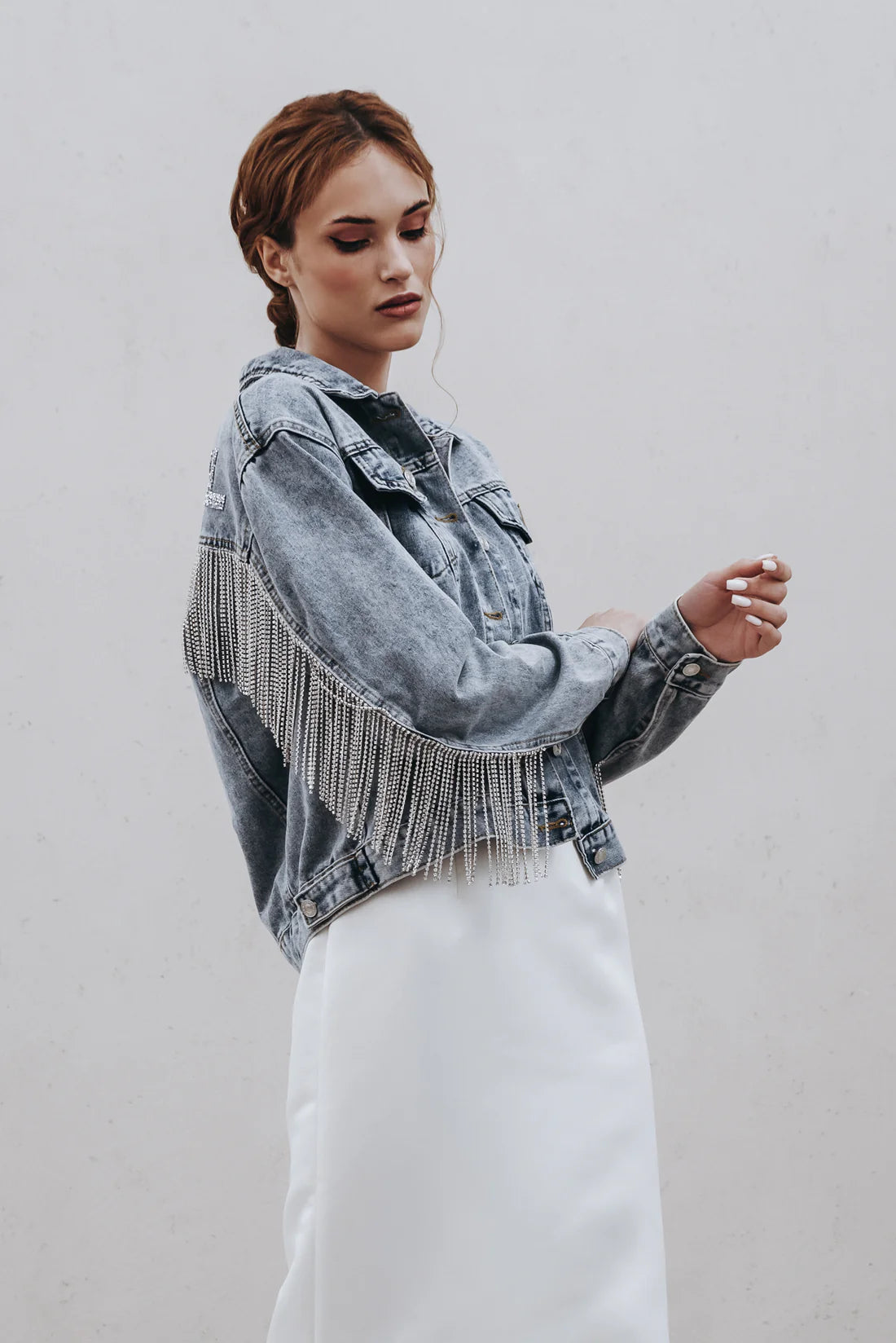 Mrs. Rhinestone Fringe Denim Jacket